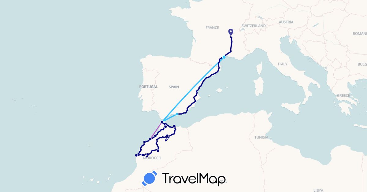TravelMap itinerary: driving, train, boat in Spain, France, Morocco (Africa, Europe)